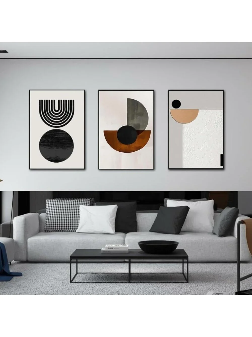 Set of 3 Geometric Arch Abstract Canvas Wall Art - Black & Brown Decor
